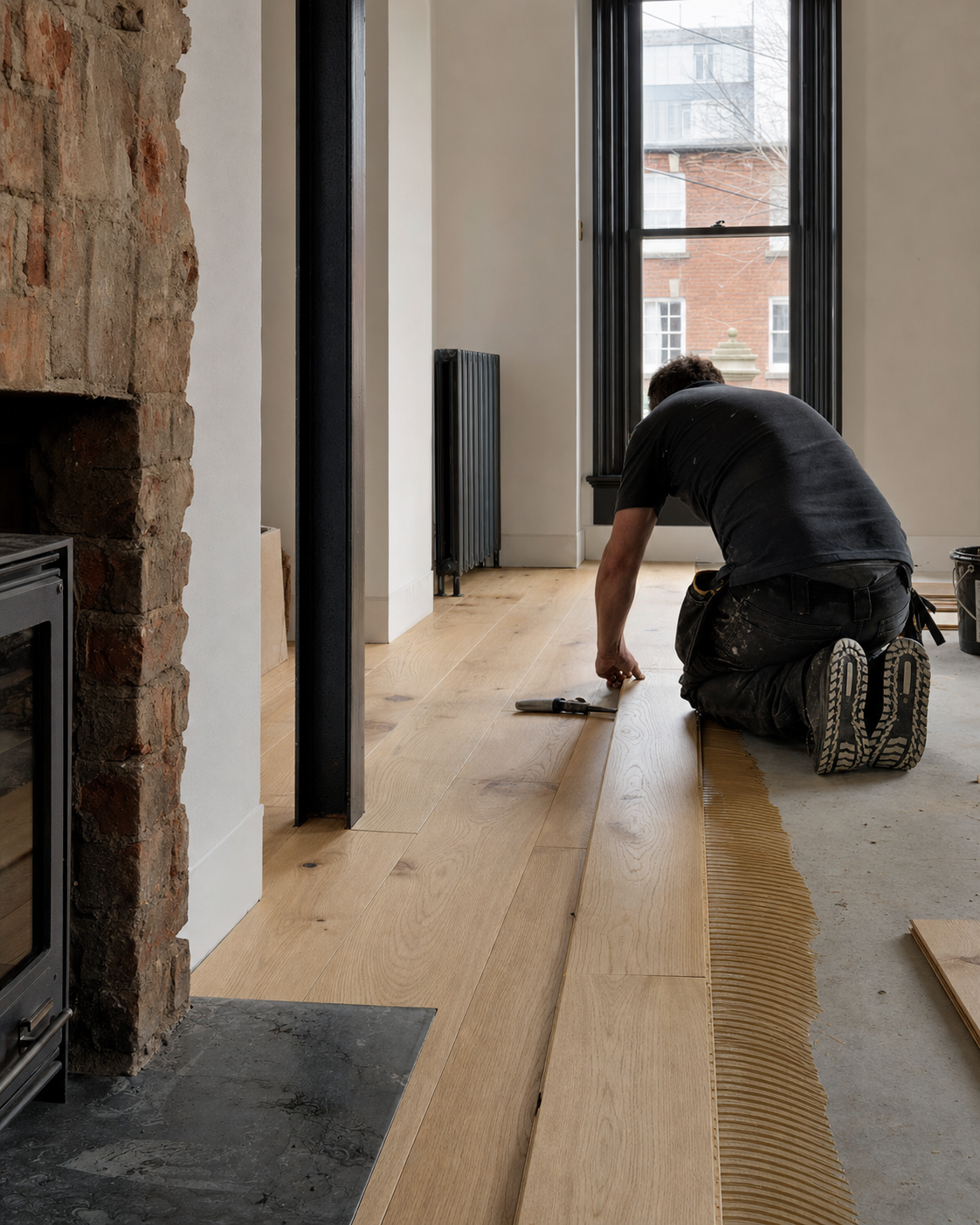 Timber floor being fitted in a bright, partly renovated Irish house interior